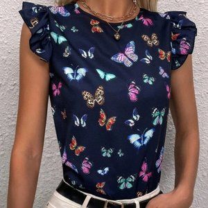 Butterfly Print Tie Back Butterfly Sleeve Blouse